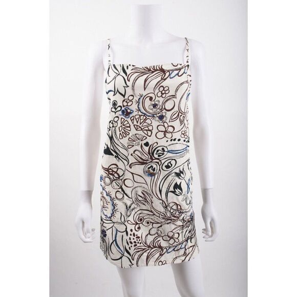 Zara Womens Beaded Mini Dress Ivory Brown Printed L Large 7521/041 NWT - Picture 1 of 6